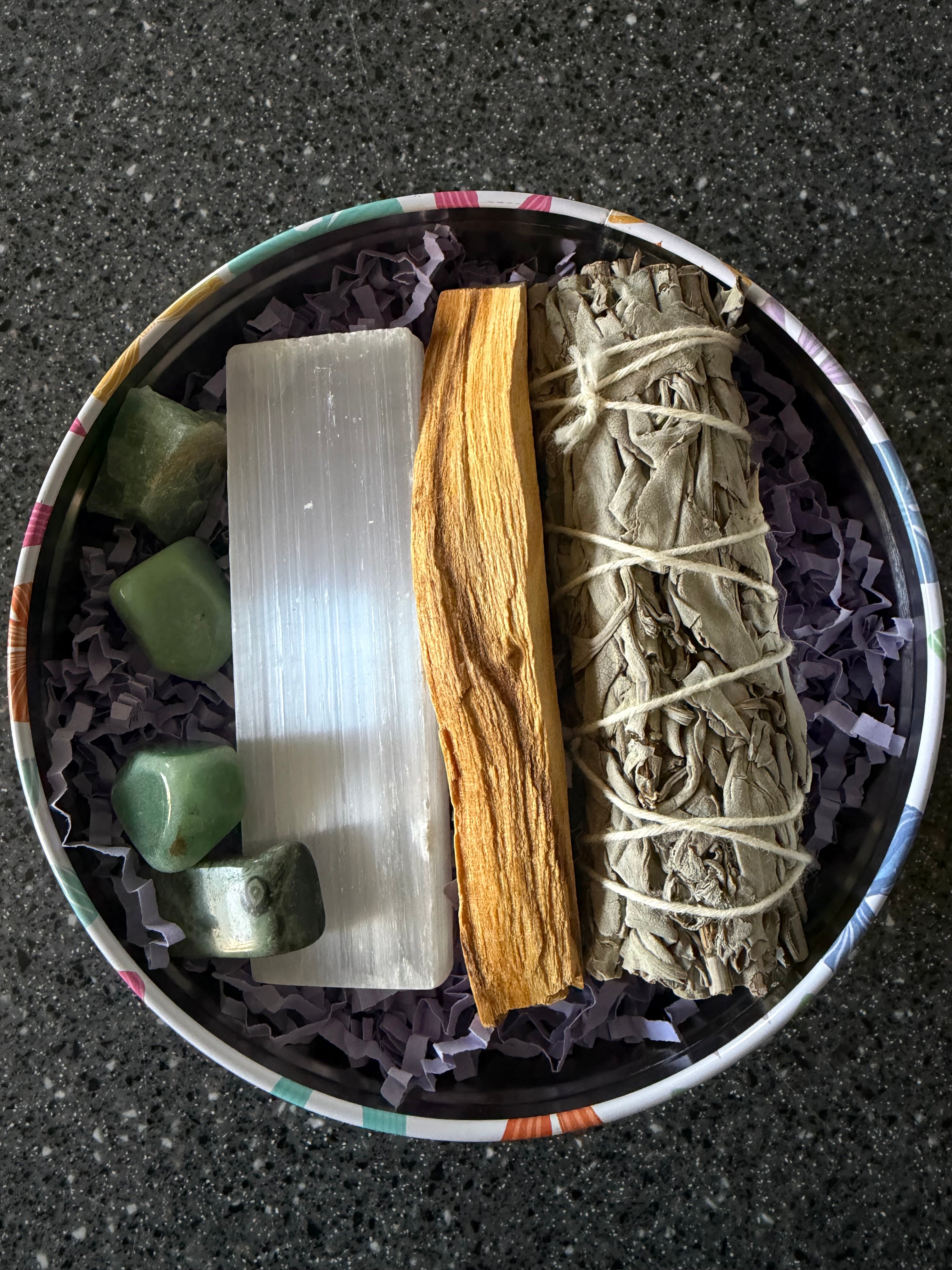 Sage, Palo santo, selenite and jade stones gift set